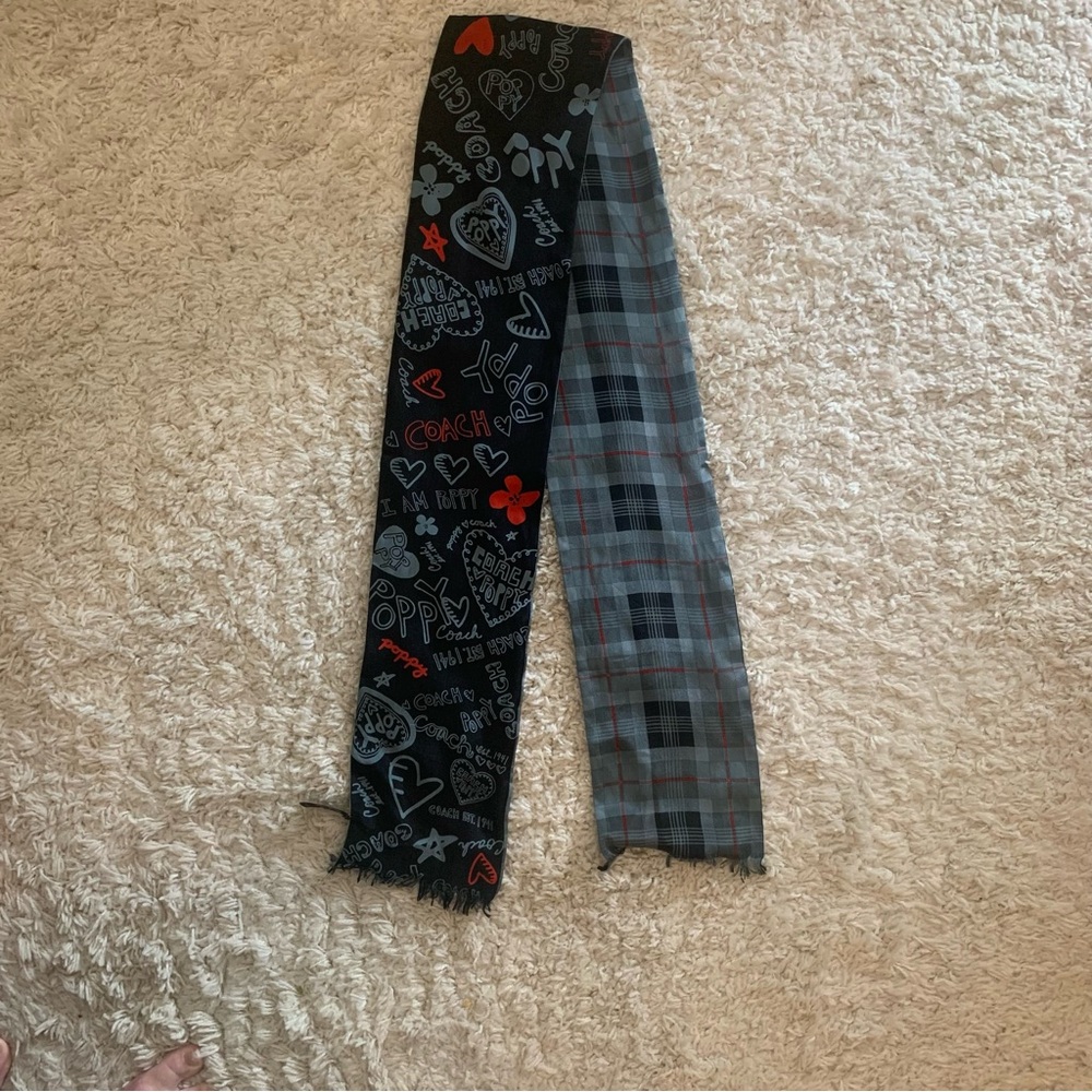 Coach Black and Red Graphic and Plaid Silk Scarf